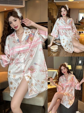 Váy ngủ Pijama hàng hiệu form xuông lụa cao cấp hottrent Hoa tone hồng phối chữ DN251240