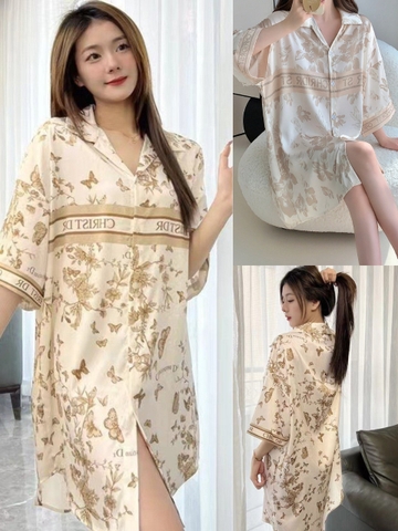 Váy ngủ Pijama hàng hiệu form xuông lụa cao cấp hottrent Hoa tone vàng phối chữ DN252240