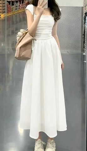 Đầm trắng xanh dáng dài cổ vuông nhún eo dọc sườn phong cách Hàn Quốc nhẹ nhàng thanh lịch đi chơi, đi tiệc D182240