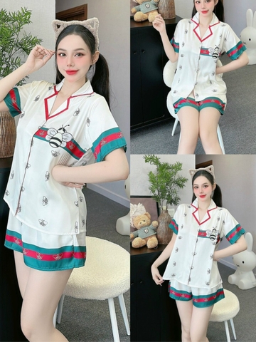 Đồ ngủ Pijama hàng hiệu dáng ngắn lụa cao cấp hottrent Trắng viền Xanh đỏ họa tiết con ong DN343240