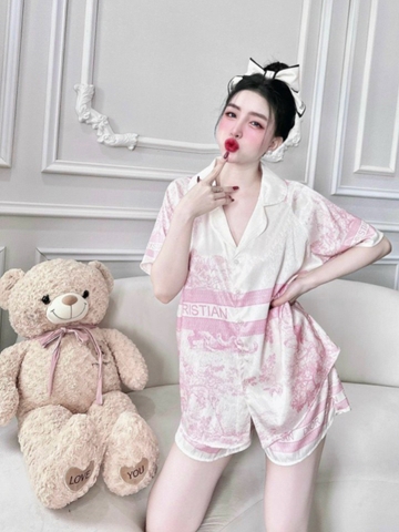 Đồ ngủ Pijama hàng hiệu dáng ngắn lụa cao cấp hottrent Trắng hồng phối họa tiết trung hoa DN350240