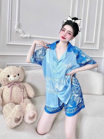 Đồ ngủ Pijama hàng hiệu dáng ngắn lụa cao cấp hottrent Xanh phối họa tiết trung hoa DN351240