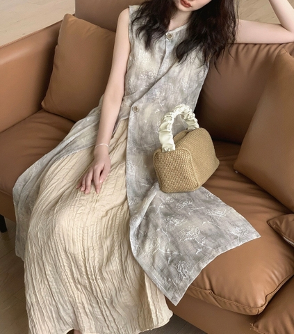 Đầm vest sát nách phong cách Trung Hoa cách tân thời thượng hiện đại thanh lịch xu hướng mới nhất hè thu D190240