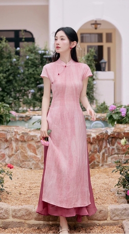 Set đầm váy áo dài cách tân màu hồng đào nhẹ nhàng thanh lịch hiện đại phong cách mới xu hướng hè thu D191240