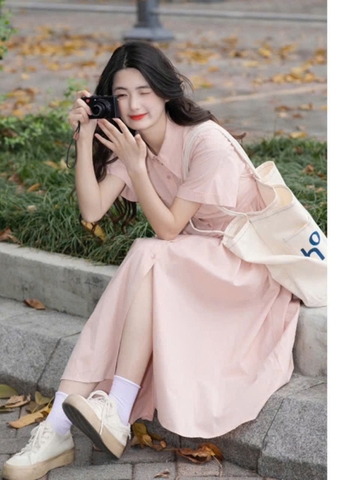 Váy sơ mi hồng Thiết kế thắt lưng Niche phong cách Hàn Quốc D456240