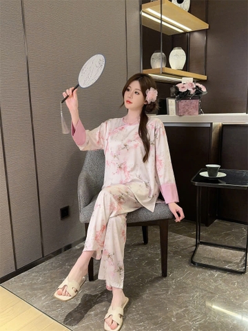 Bộ đồ ngủ phong cách dân tộc Trung Quốc nữ lụa băng cỡ lớn, mỏng nhẹ, rộng rãi DN117250