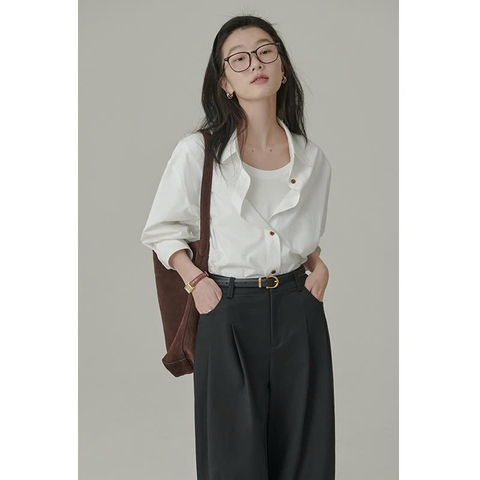 Sơ mi cotton cơ bản cho nữ dáng rộng thoải mái, mỏng nhẹ dễ phối đồ mùa xuân D134250