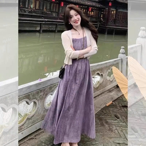 Bộ đồ thu phong cách Pháp | Áo cardigan dài tay + váy yếm tím dễ thương, che bụng D178250