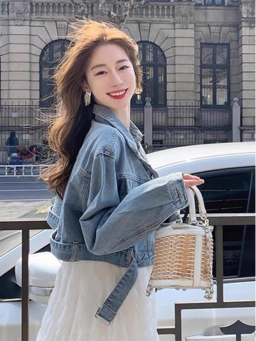 Set áo khoác denim phong cách Chanel + váy trắng | Cardigan nữ mùa xuân form rộng, dày dặn, sang trọng D179250