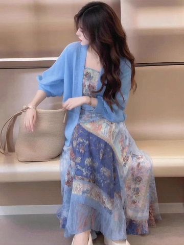 Set áo cardigan xanh + váy yếm Bohemian Pháp | Bộ đồ xuân nữ mũm mĩm che bụng  D180250