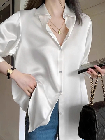 Áo sơ mi satin trắng sang trọng kiểu Pháp – Thu 2025 D211250