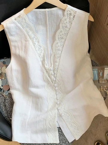 Áo vest vải lanh cổ chữ V phối ren phong cách Pháp – Mùa hè 2025 D219250