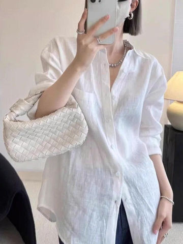 Áo sơ mi dài tay chống nắng vải lanh cao cấp – Cardigan dáng rộng mùa hè D220250