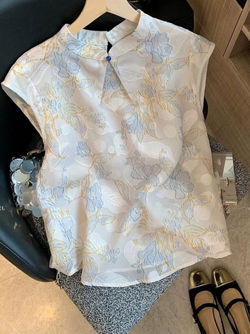 Áo sơ mi nữ không tay thêu hoa jacquard cổ đứng – Phong cách Trung Hoa Thiền Tông 2025 D224250