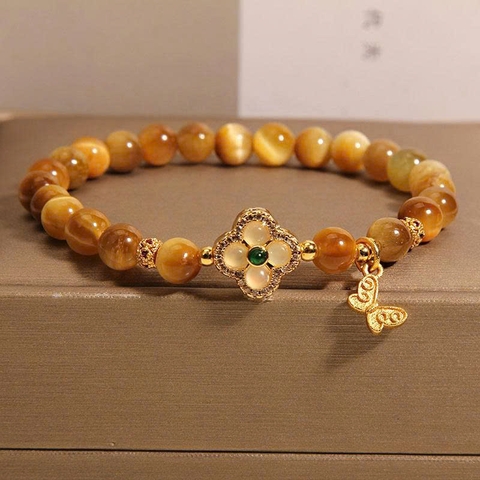 Trang sức vòng tay đá Mắt Hổ Vàng nữ – Cỏ bốn lá phong cách Trung Hoa cổ điển TS133250