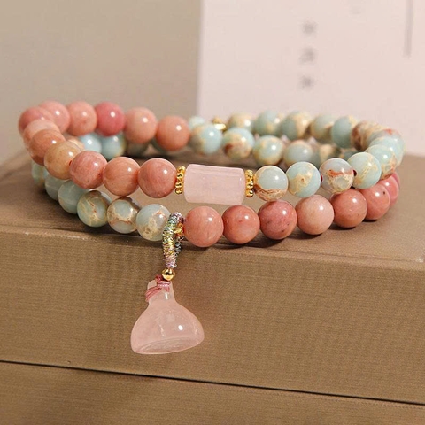 Trang sức vòng tay đá Shoushan đôi – Rhodonite & Quả sen phong cách Trung Hoa cao cấp TS134250