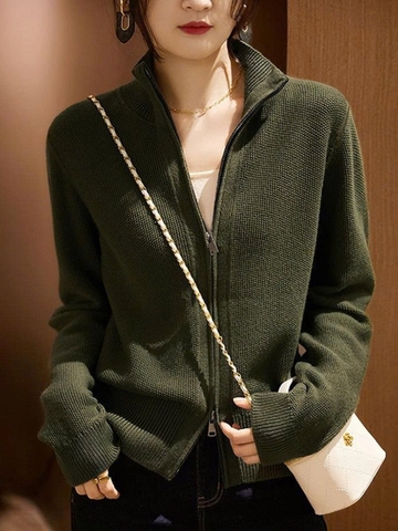 Áo len cardigan dệt kim cổ đứng 2 khóa kéo – Thời trang nữ thu 2025 D245250