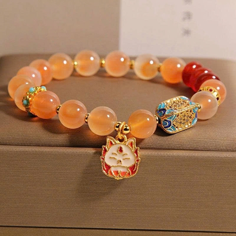 Vòng tay mã não trái tim cam tự nhiên – Sang trọng, tinh tế, pha lê hồ ly chín đuôi may mắn cho nữ TS230250