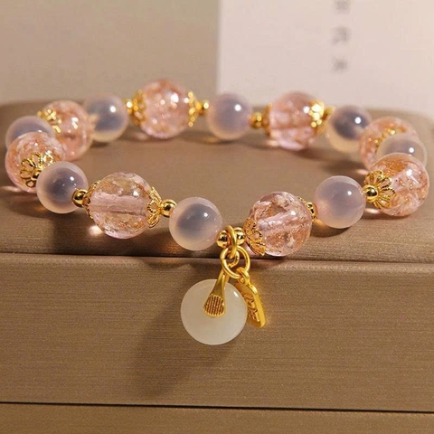 Vòng tay đá mã não hình trái tim hồng tự nhiên – Sang trọng, tinh tế, khóa thủy tinh dạ quang độc đáo, quà tặng TS232250
