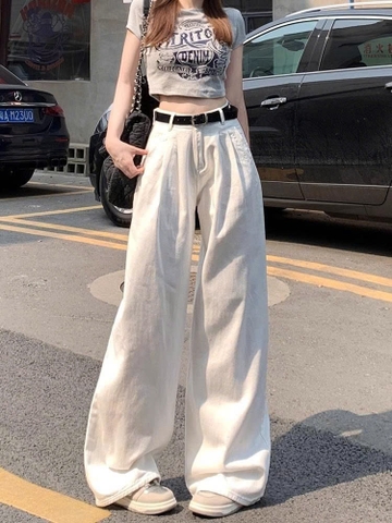 Quần Jean Ống Rộng Màu Trắng Phong Cách Mỹ – Cạp Cao, Dáng Thẳng Mùa Thu QJ010260