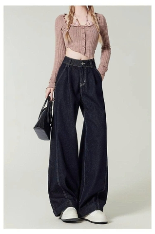 Quần Jeans Ống Rộng Xanh Đậm Kiểu Mỹ Cổ Điển – Cạp Cao Tôn Dáng QJ011260