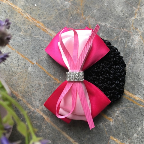 Kẹp búi tóc nơ hồng đính đá