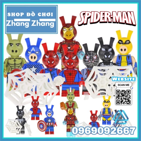 Đồ chơi xếp hình Spider Ham gồm Miles Morales - Ben Reily - Venom - Iron Ham - Hulk - Wolverham Minifigures Kopf KF6085