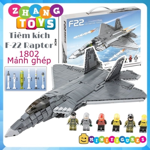 Đồ chơi xếp hình máy bay Tiêm kích F22 Raptor tàng hình gồm 1802 mảnh ghép và 6 Minifigures Mingdi 9002