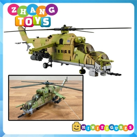 Đồ chơi xếp hình máy bay trực thăng Mi-24 xe tăng bay gồm 893 mảnh ghép Minifigures Sluban M38 B1137