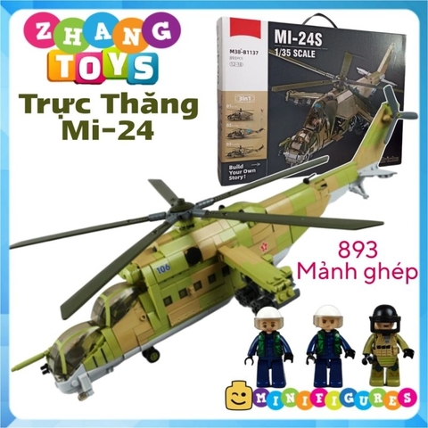 Đồ chơi xếp hình máy bay trực thăng Mi-24 xe tăng bay gồm 893 mảnh ghép Minifigures Sluban M38 B1137