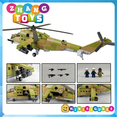 Đồ chơi xếp hình máy bay trực thăng Mi-24 xe tăng bay gồm 893 mảnh ghép Minifigures Sluban M38 B1137