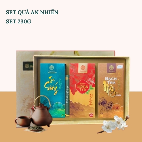 Sét quà:  Tết An Nhiên (Trà Sống 100g + Thảo hồng trà túi lọc 80g + Bạch Trà Mây hộp 50g  )