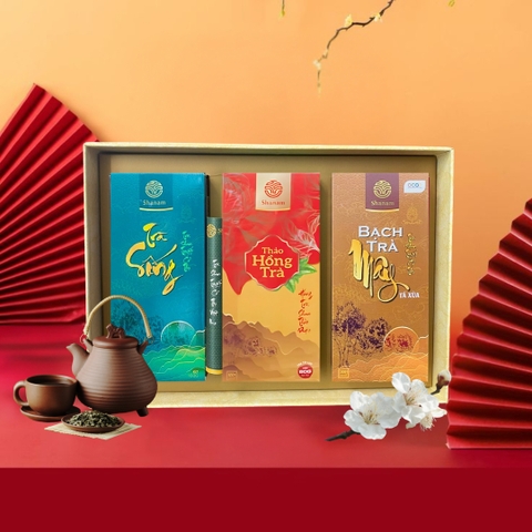 Sét quà:  Tết An Nhiên (Trà Sống 100g + Thảo hồng trà túi lọc 80g + Bạch Trà Mây hộp 50g  )