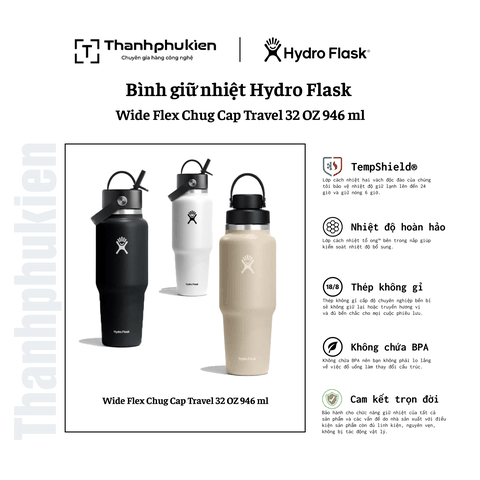 Bình giữ nhiệt Hydro Flask Wide Flex Straw Travel Cap 32 OZ 946 ml – WT32BFS