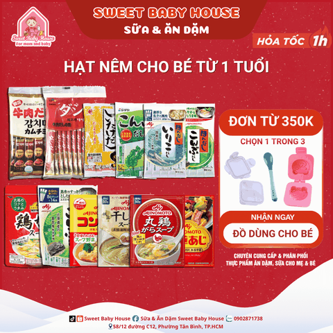 Hạt nêm cho bé - Hạt nêm thịt heo, bò, gà, tôm, sò điệp, rong biển, tảo bẹ Nhật Bản cho bé từ 1 tuổi - Sweet Baby House