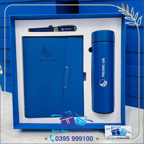 BỘ QUÀ TẶNG BÌNH + SỔ DA + BÚT KÝ MẦU XANH