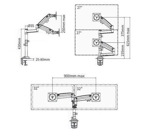 GIÁ ĐỠ 2 MÀN HÌNH MÁY TÍNH GẮN CẠNH BÀN NORTH BAYOU H180 (22-32 INCH)