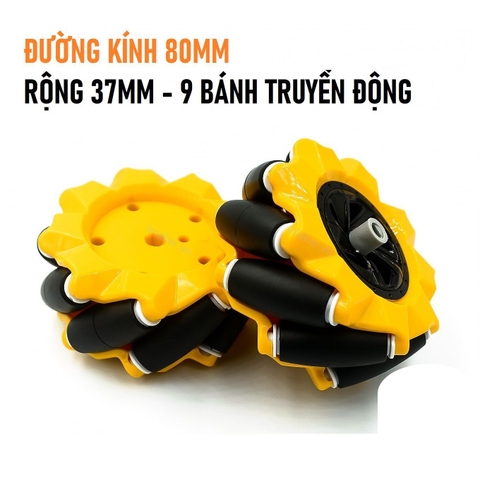 Cặp bánh xe Mecanum màu đen viền vàng đường kính 80mm