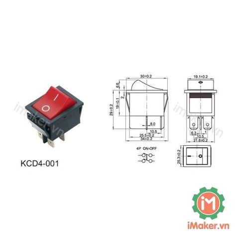 KCD4-4P công tắc ON-OFF màu đỏ 4 chân 15A