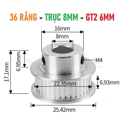Pulley GT2 36 răng bản 6mm trục 8mm