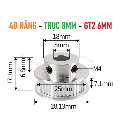 Pulley GT2 40 răng bản 6mm - Trục 5mm, 6.35mm, 8mm