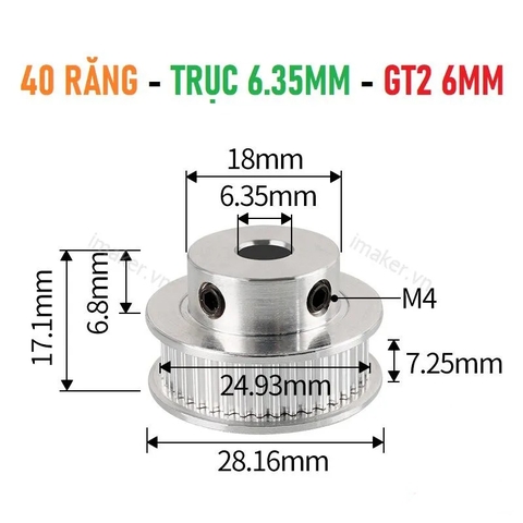 Pulley GT2 40 răng bản 6mm - Trục 5mm, 6.35mm, 8mm