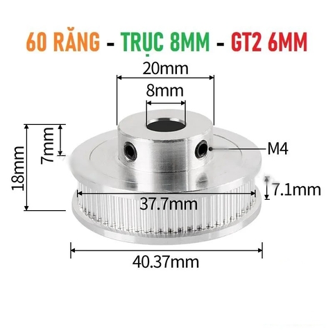 Pulley GT2 60 răng bản 6mm - Trục 5mm, 6.35mm, 8mm