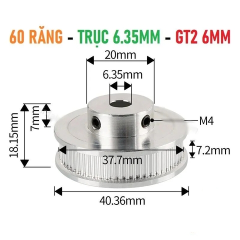 Pulley GT2 60 răng bản 6mm trục 6.35mm