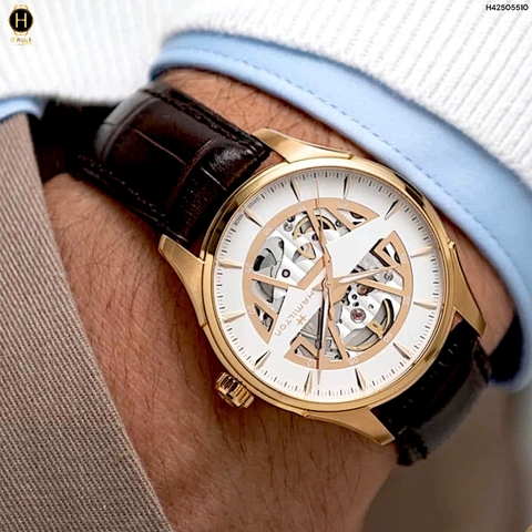 Đồng Hồ Nam Hamilton Automatic Jazzmaster Skeleton Spiky-H H42505510 Dây Da Mặt Trắng Sapphire