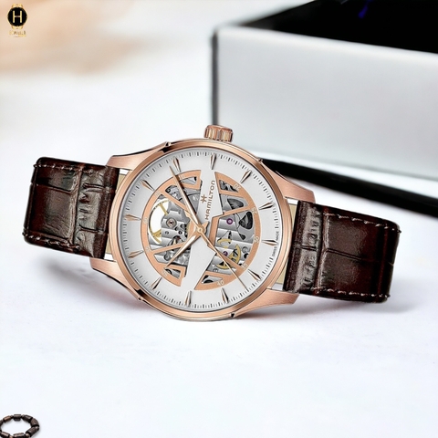 Đồng Hồ Nam Hamilton Automatic Jazzmaster Skeleton Spiky-H H42505510 Dây Da Mặt Trắng Sapphire