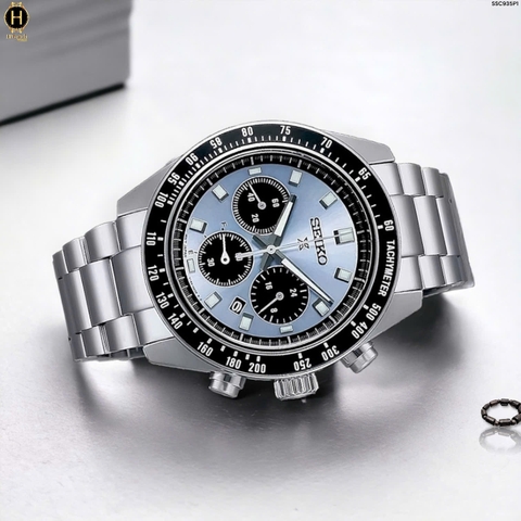 Đồng Hồ Nam Seiko Quartz Solar Prospex Speedtimer SSC935P1 Dây Thép Mặt Xanh Nhạt