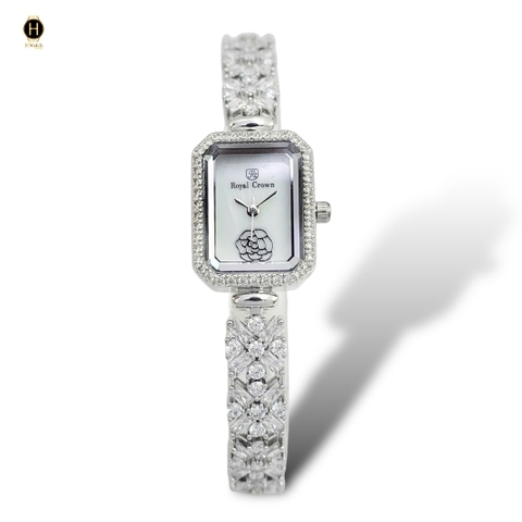 Đồng Hồ Nữ Royal Quartz 2032 Dây Thép Trắng Mặt Trắng Viền Đá