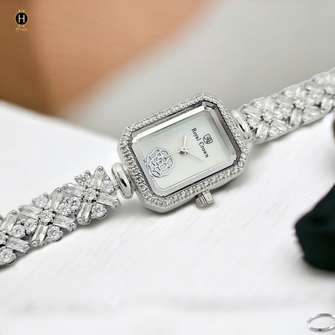 Đồng Hồ Nữ Royal Quartz 2032 Dây Thép Trắng Mặt Trắng Viền Đá