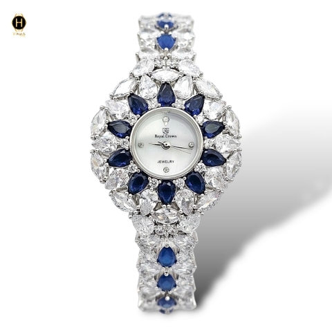 Đồng Hồ Nữ Royal Crown Quartz 2035 Thép Trắng Đá Xanh